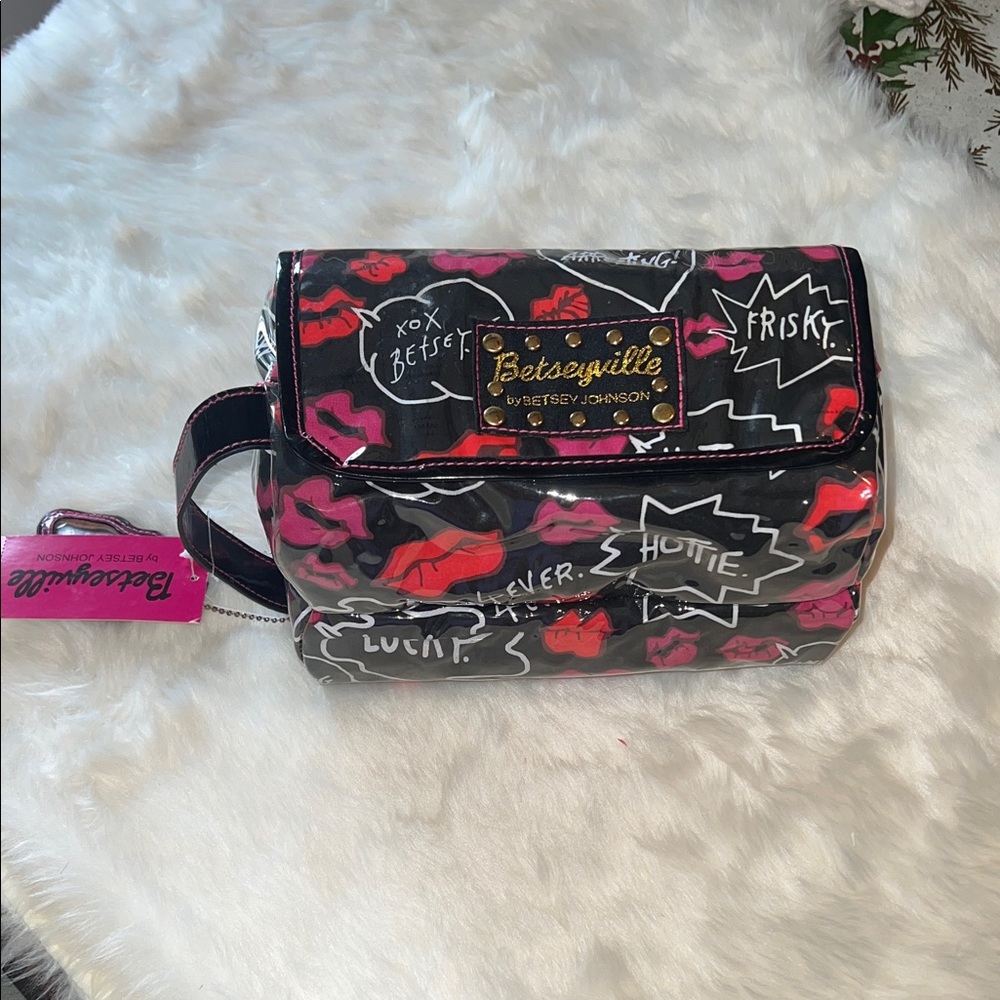 Betsey Johnson Black Cosmetic Bag with Pink & Red Lip Print